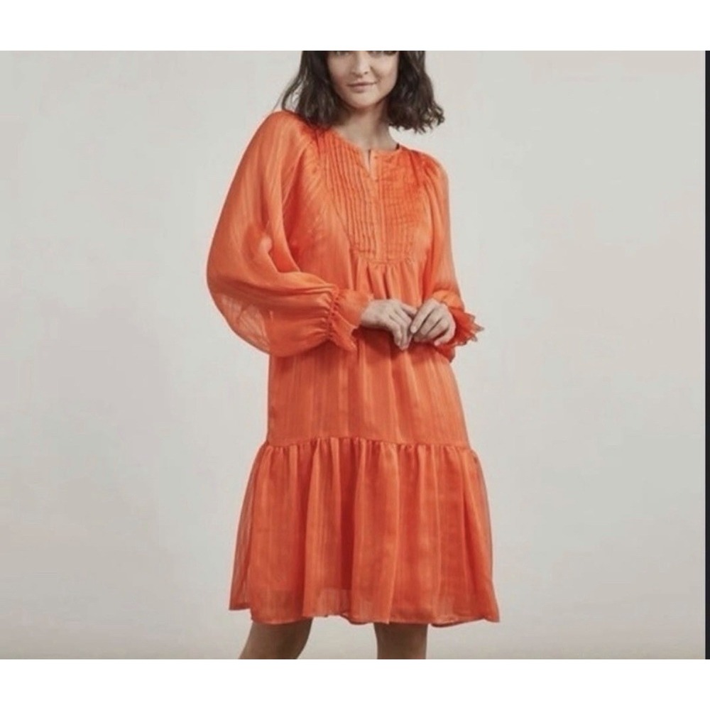 Elizabeth and James Orange Pintuck Ruffle Mini Dress Boho Long Sleeve Size Small
